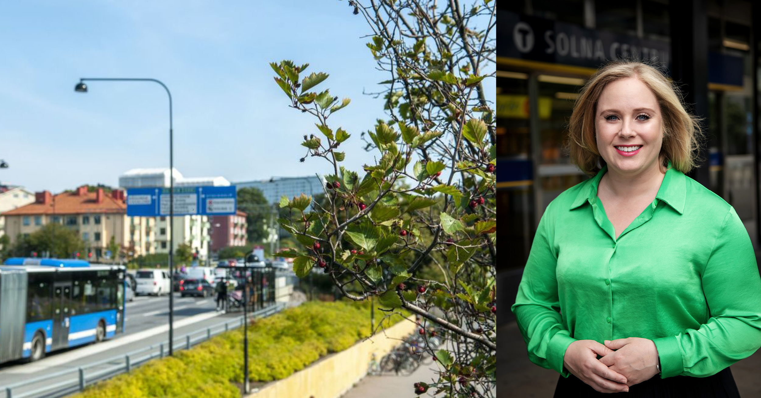 Delad bild av väg i en stad och kvinna som ler i grön skjorta.