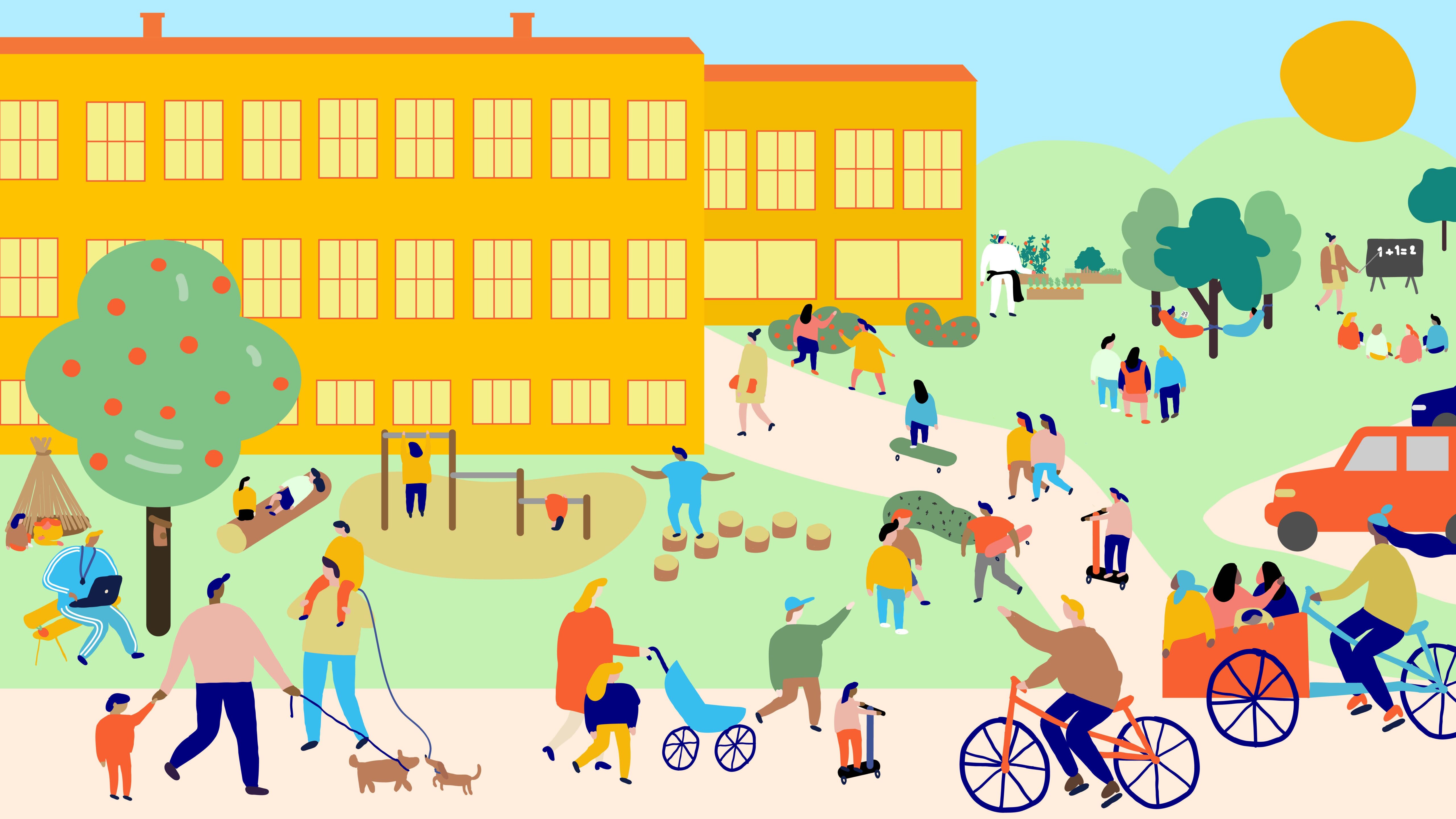 Skolgård med mycket människor som cyklar leker odlar, hälsar på varandra.
